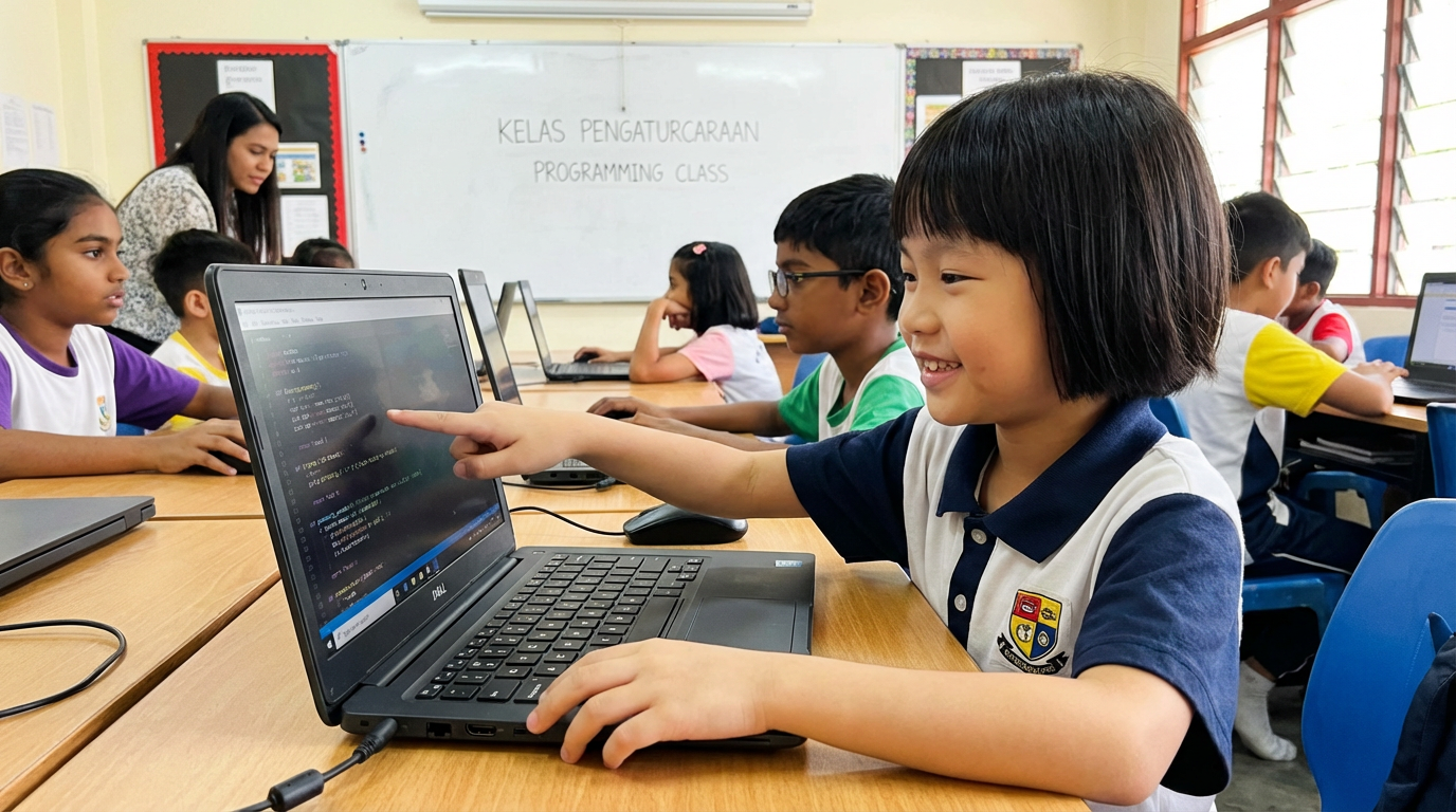 Asian student coding programming class