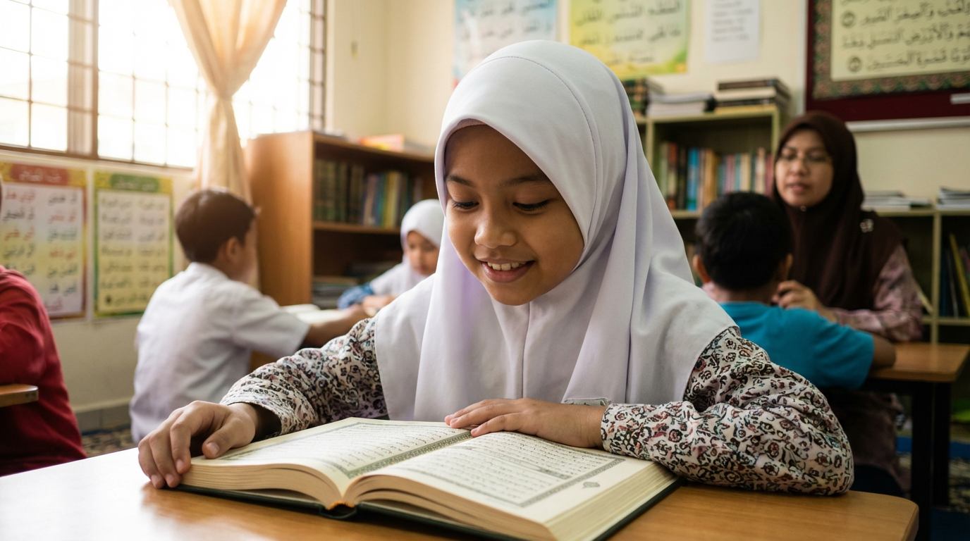Malay student reading Quran Islamic studies