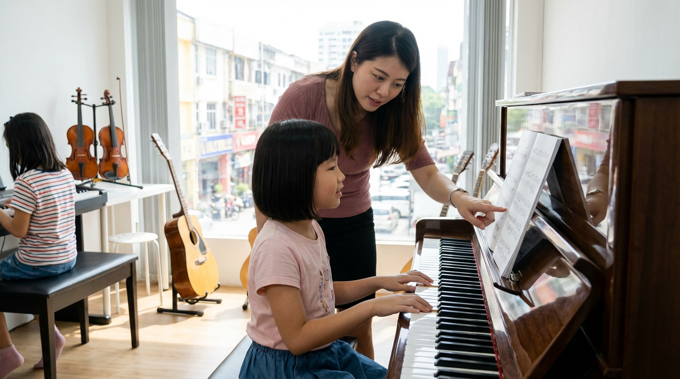 Asian child piano music lesson